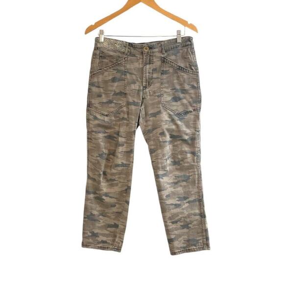 Anthropologie Women's Mavis Mid-rise Utility Pants Size 27 Camo Embroidered Boho - Picture 6 of 13